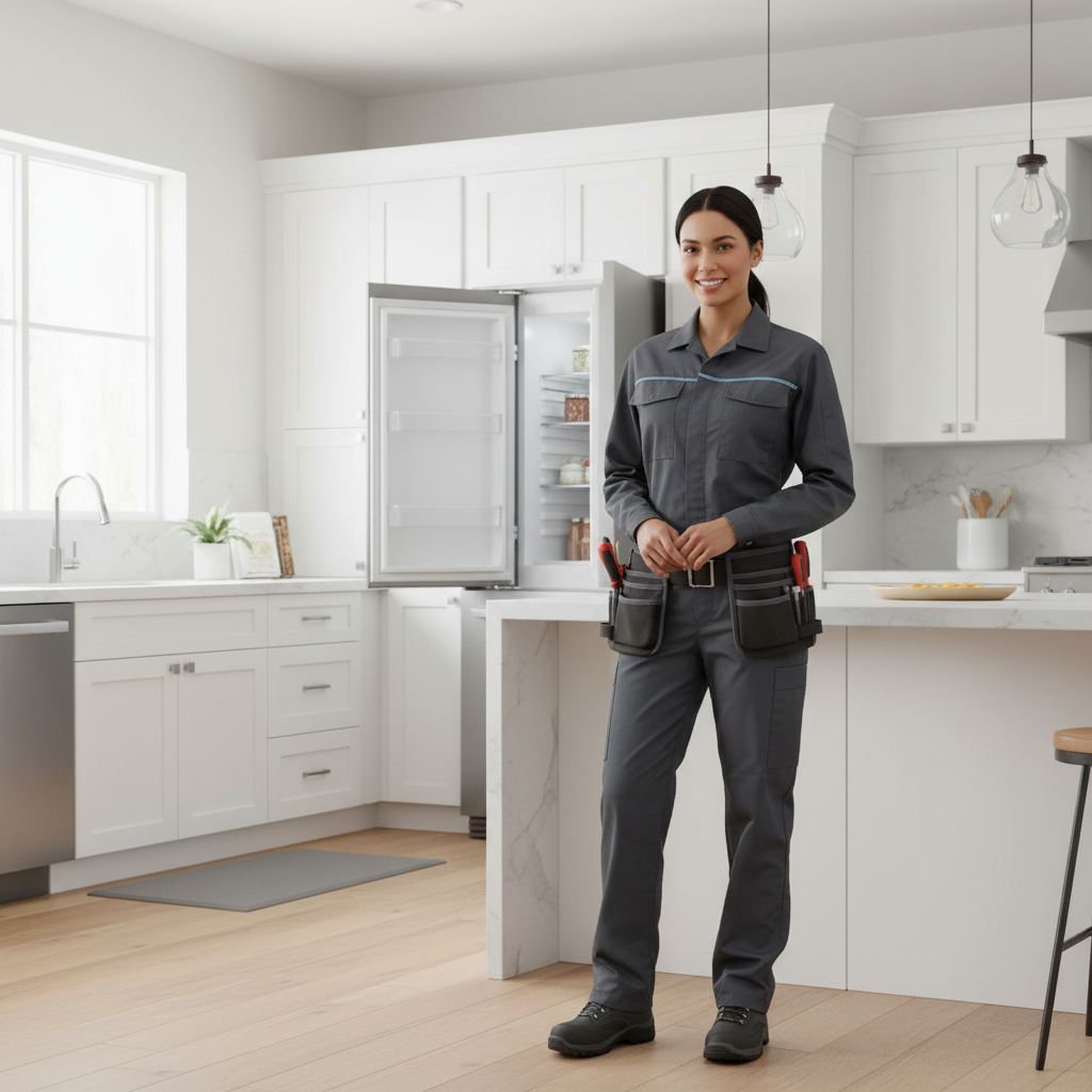 Smiling appliance repair technician in a modern kitchen
